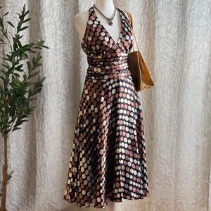 Vintage Y2K Monsoon 100% Silk Polka Dot Halter Midi‎ Dress Size UK 10 / US 6